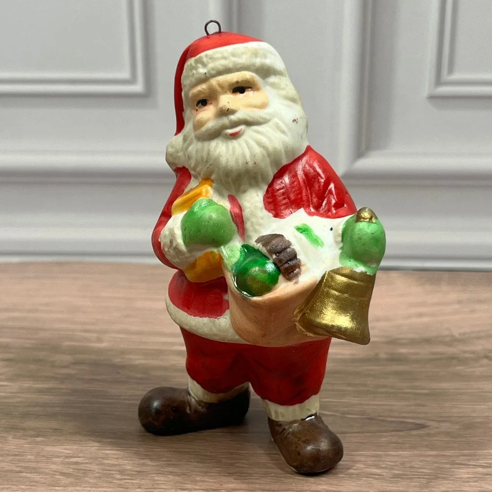 Vintage R.O.C Santa Claus Figurine Set 3 Ceramic Christmas Ornaments Taiwan